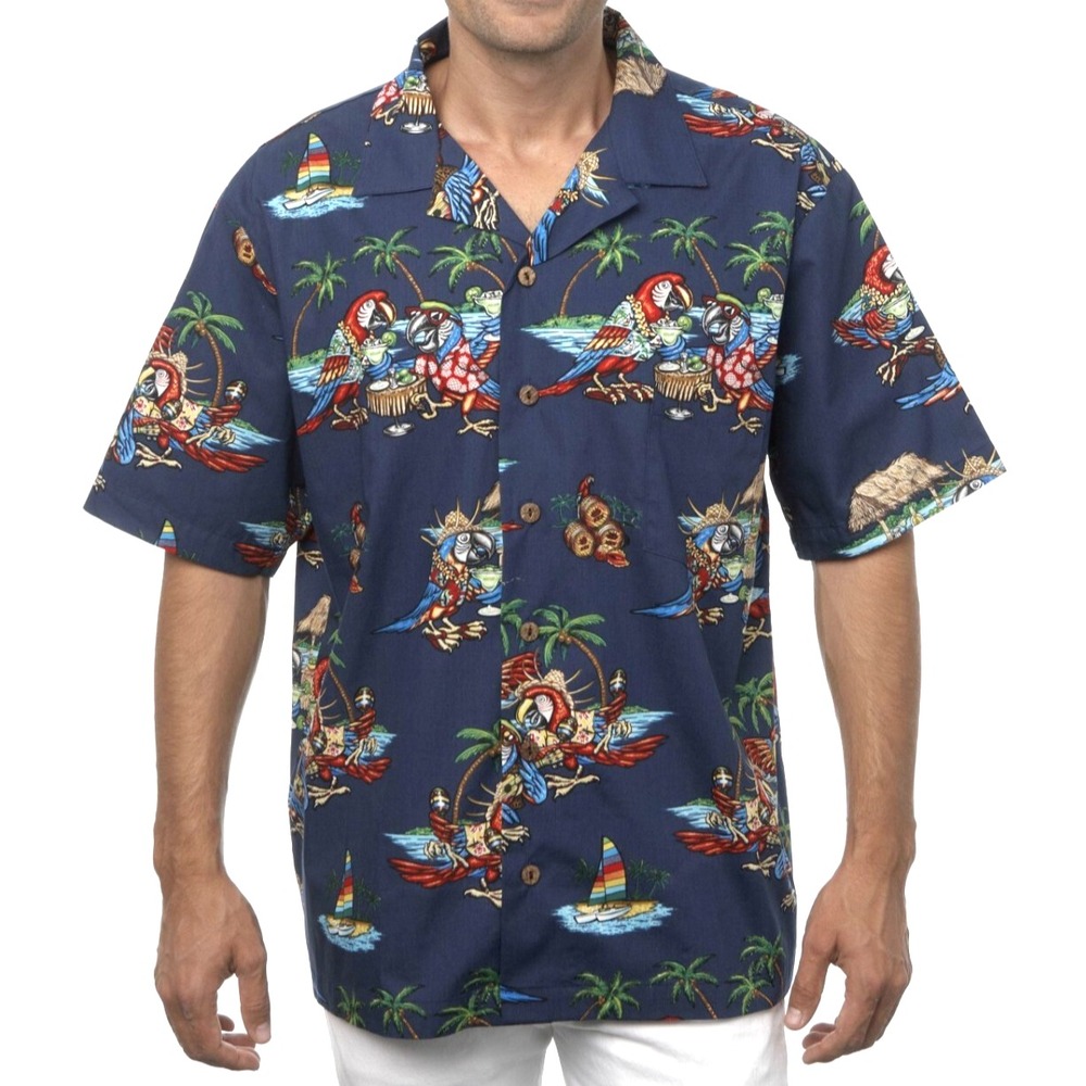 Bennys Men Navy Blue Toucan Party Hawaiian Tropical Short Slv Button Dn Shirt XL